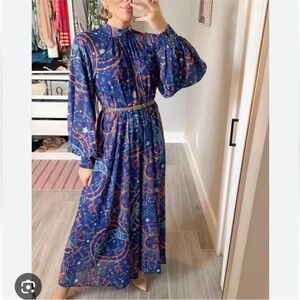 Aura Dress Zodiac Astrology Luna Sola Stars Boho Puff Sleeve Festival XS